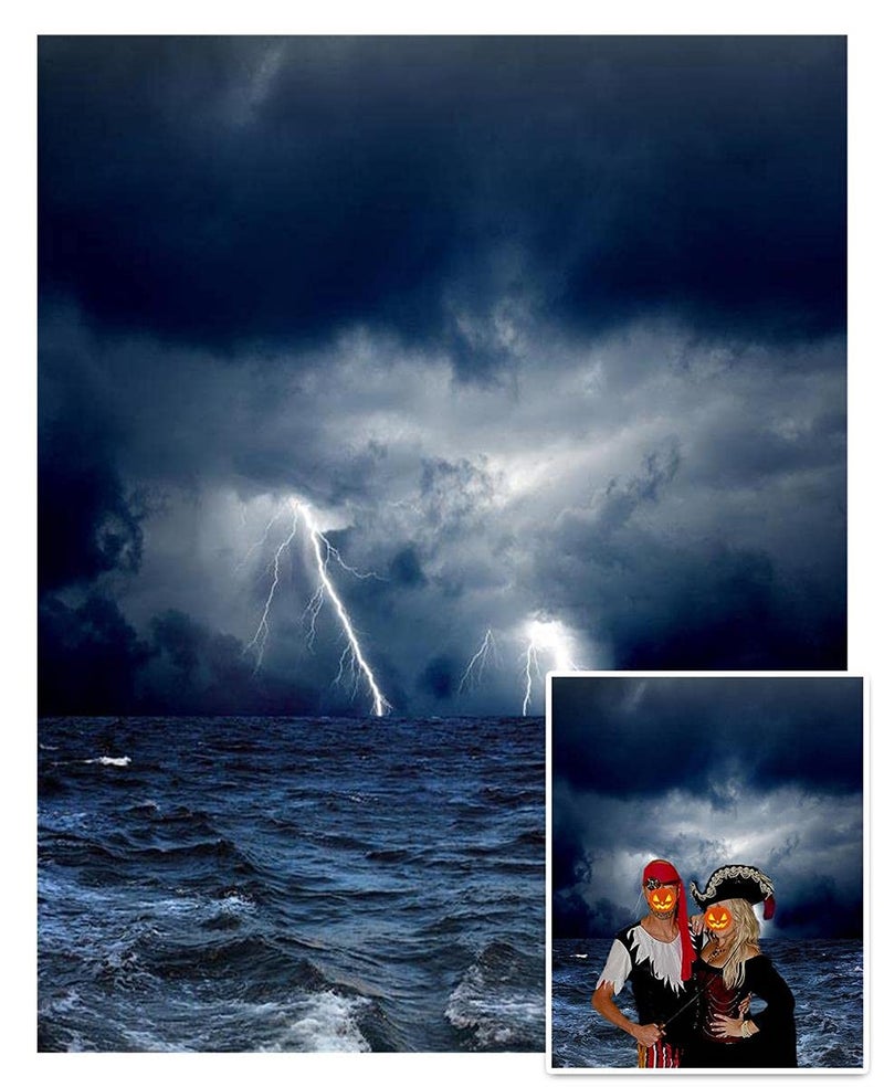 AOFOTO 6x8ft Ocean Dazzling Lightning Pirate Ship Backdrop Sea Gloomy Moon Night Sky Clouds Corsair Boat Photography Background Birthday Nautical Party Banner Halloween Nightmare Photo Props Vinyl - Image 1